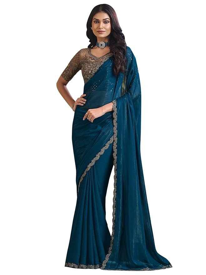 71i6jTbKklL._SY879_ Women's Multicolor Georgette Solid Saree with Unstitched Blouse Piece - Image 1