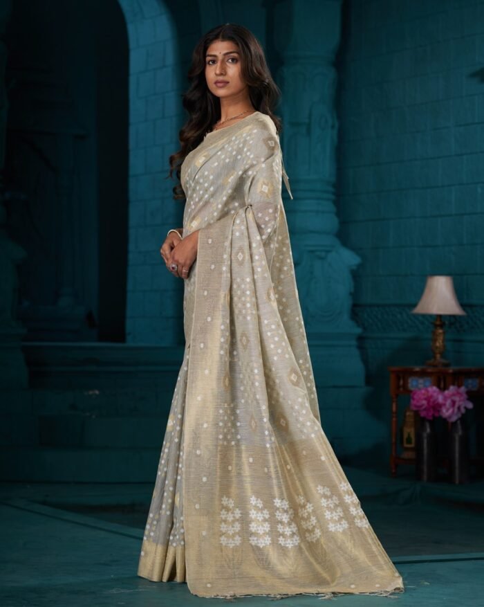 Sarah Idhika Cotton Saree, Grey Colour, Abstract Pattern, Unstitched Blouse Saree - Image 1
