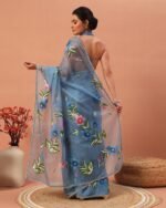 Women Hand Floral Printed Organza Saree - Image 3