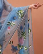 Women Hand Floral Printed Organza Saree - Image 4