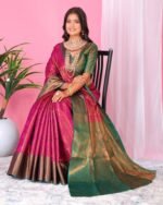 Women Floral Woven Banarasi Saree with Contrast Border - Image 4